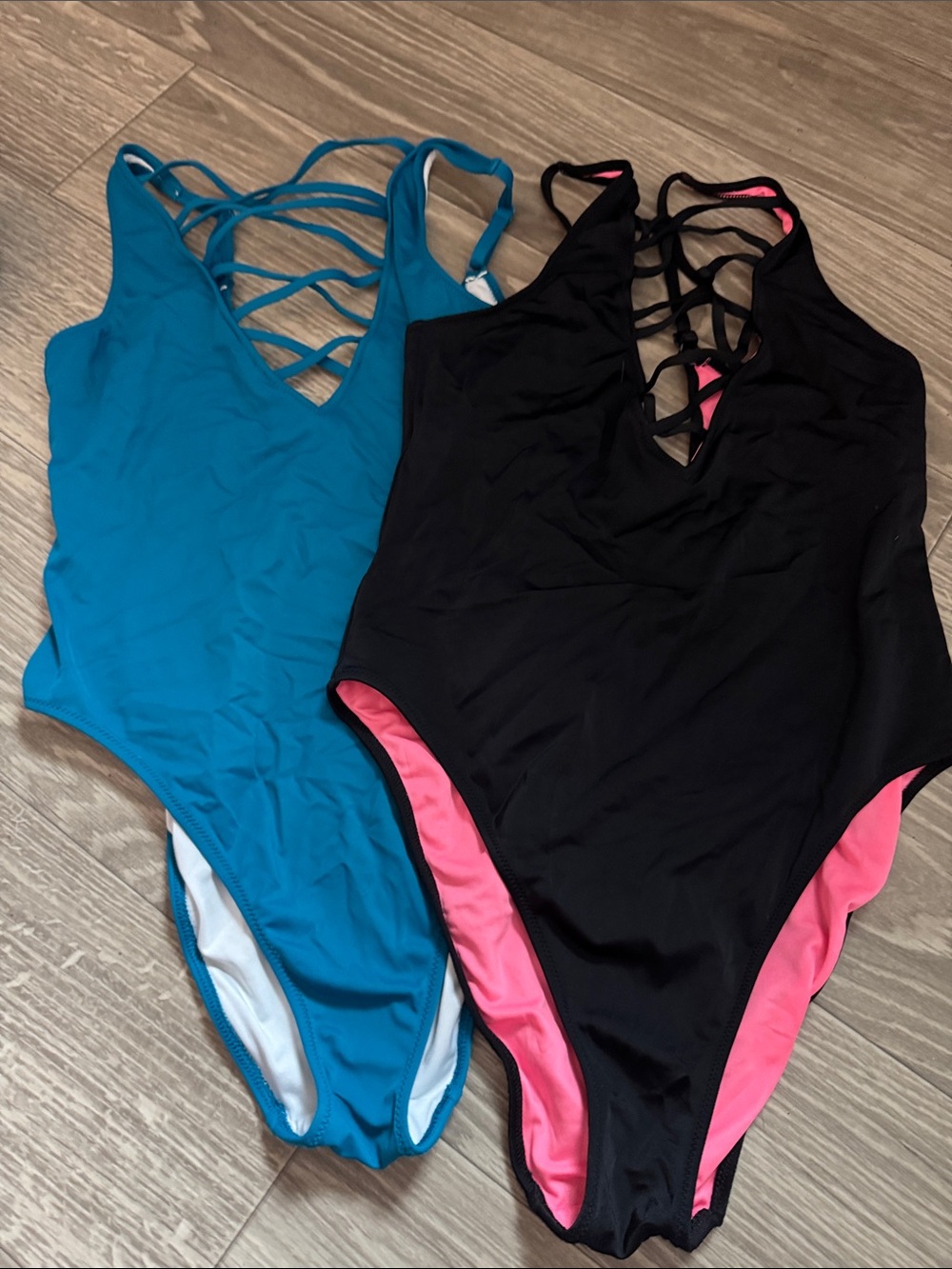 2/$ 20 Black / Teal One-Piece Swimsuit with Pink Lining and Strappy Back